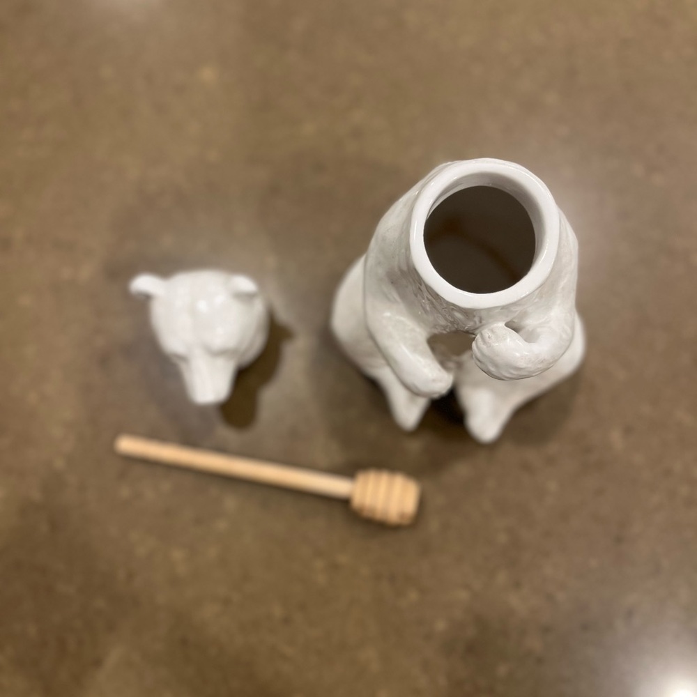 White Ceramic Bear Honey Jar Holding Bamboo Honey Dipper - Creative Co-Op. - Picture 6 of 8